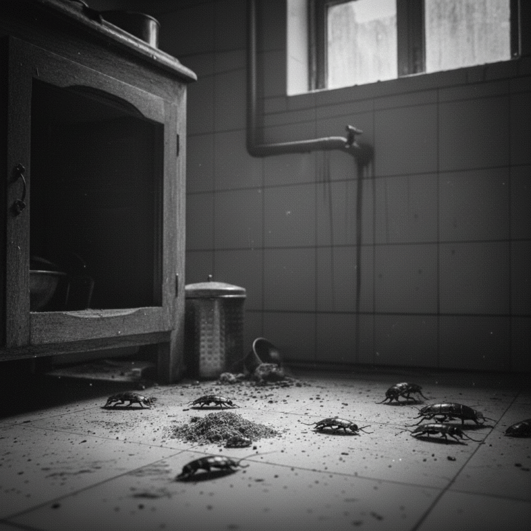 Kitchen infestation with visible cockroaches before gel treatment